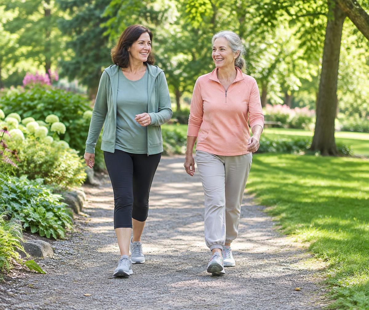 Two midlife women enjoying a walk together in a leafy park